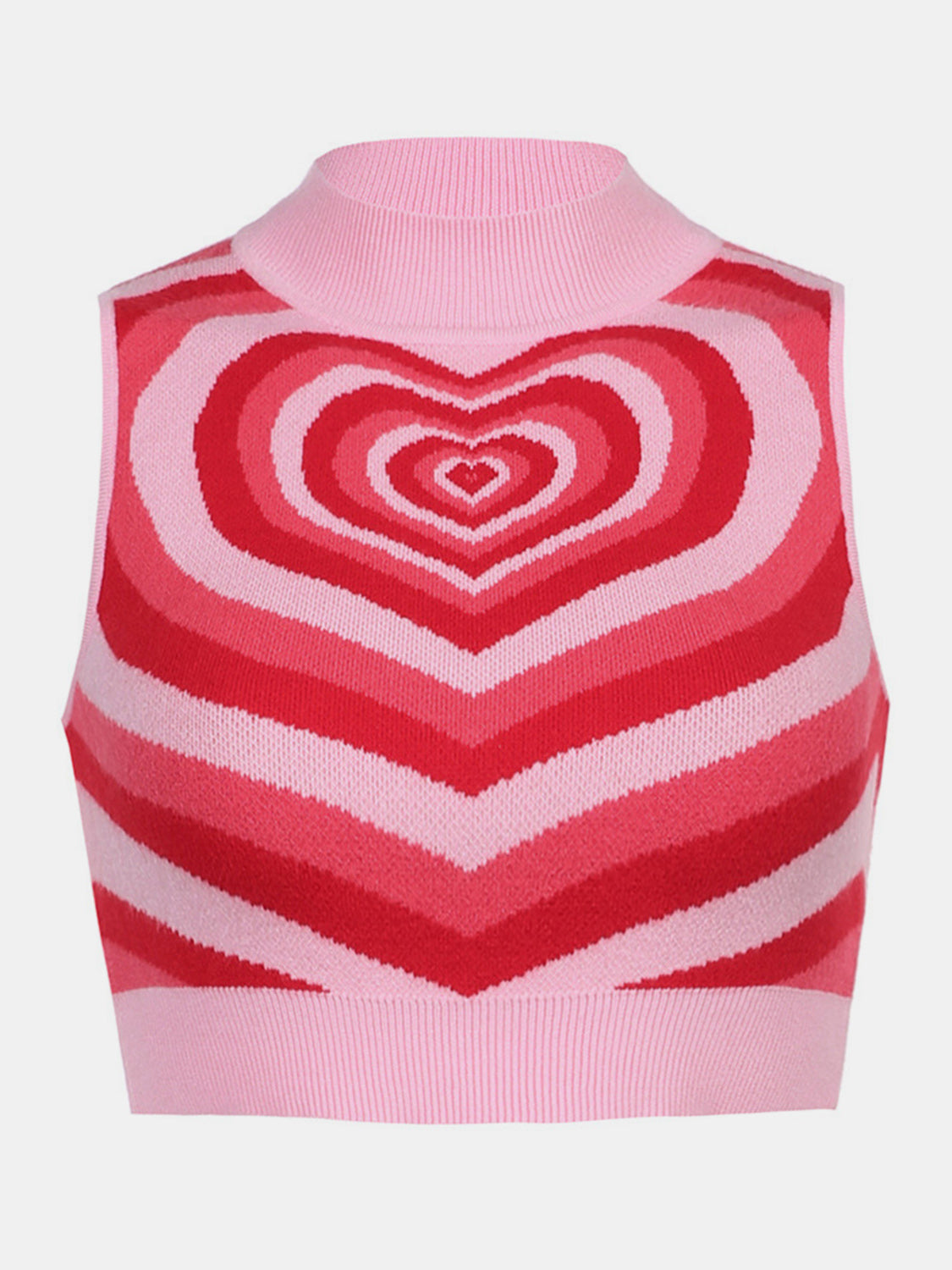 Pink knit tank top with a concentric heart intarsia pattern in shades of red and pink.