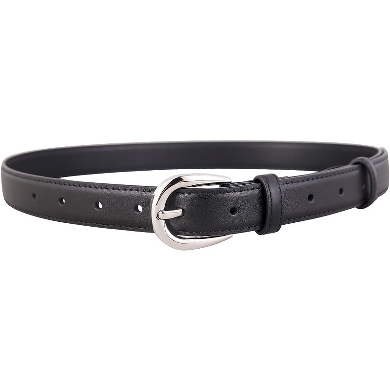 Black skinny leather belt with silver buckle and multiple holes.