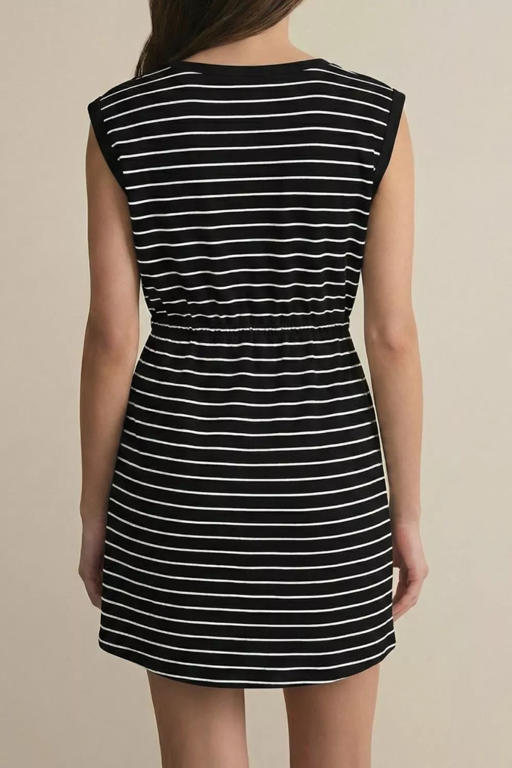 Black and white striped cotton tunic dress with adjustable drawstring waist