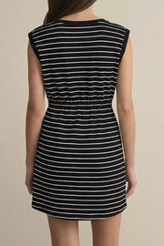 Black and white striped cotton tunic dress with adjustable drawstring waist