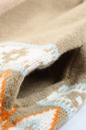 Khaki knit cardigan with geometric trim detail and pocket opening.