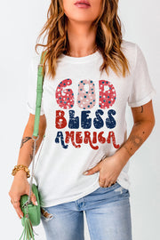 White graphic tee with distressed "God Bless America" text in patriotic colors and star pattern.