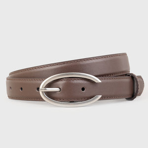 Brown leather belt with oval silver buckle