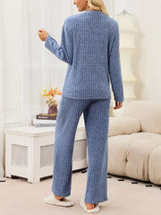 pajama set in dusty blue with ribbed and buttoned