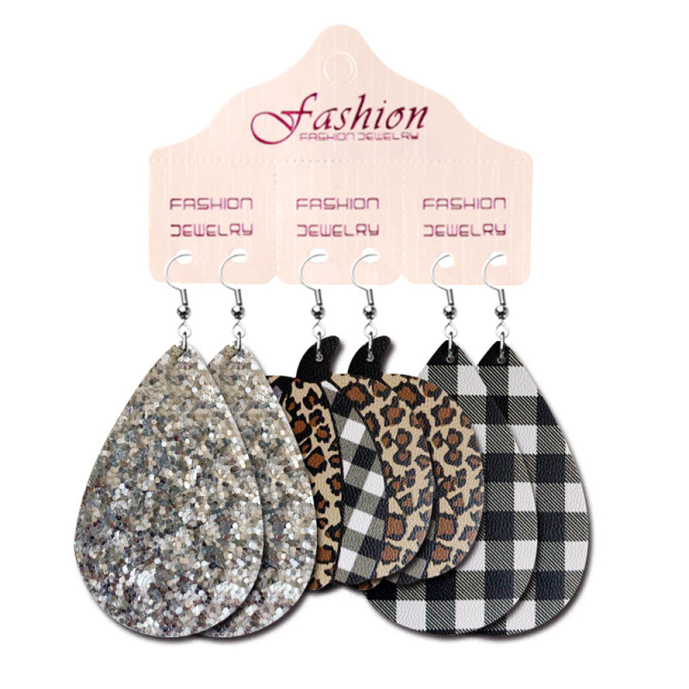 Leopard print and glitter teardrop earrings trio with buffalo plaid.