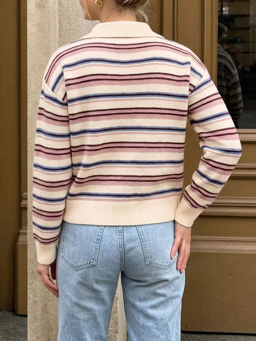 Ribbed Knit Long-sleeve Sweater in Pink, fabric detail