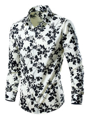 Men's white cotton button-down shirt with black tropical leaf print.