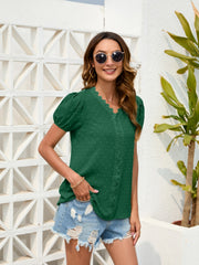 Dark green dotted swiss blouse with puff sleeves, lace trim neckline and front panel.
