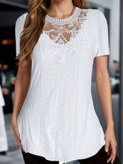 White eyelet maternity t-shirt with delicate lace yoke and short sleeves.