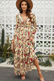 Floral ruffle maxi dress with tiered skirt in Floral, V-neck, long sleeves, and flowy hem.