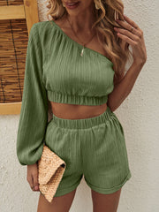 Textured one-shoulder crop top and cuffed shorts set in Matcha Green