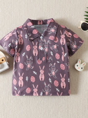 Baby short-sleeve cotton polo shirt with allover bunny and egg print