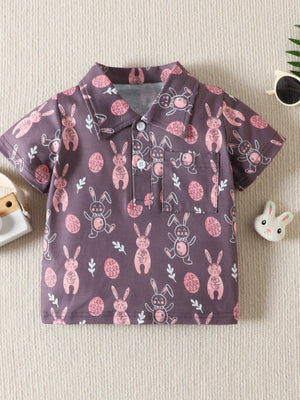 Baby short-sleeve cotton polo shirt with allover bunny and egg print