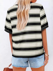 Classic striped crew neck tee in black and cream, short sleeves, casual women's top.