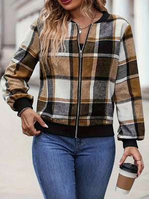 Plaid bomber jacket in caramel with ribbed cuffs and zipper closure.