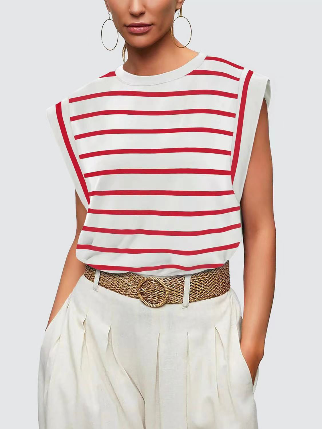 Padded shoulder tank top with red and white breton stripes and a crew neck.