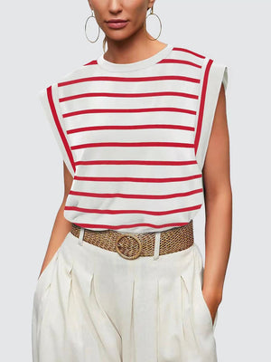 Padded shoulder tank top with red and white breton stripes and a crew neck.