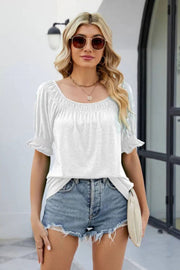 White gathered square neck puff sleeve top with ruffled cuffs