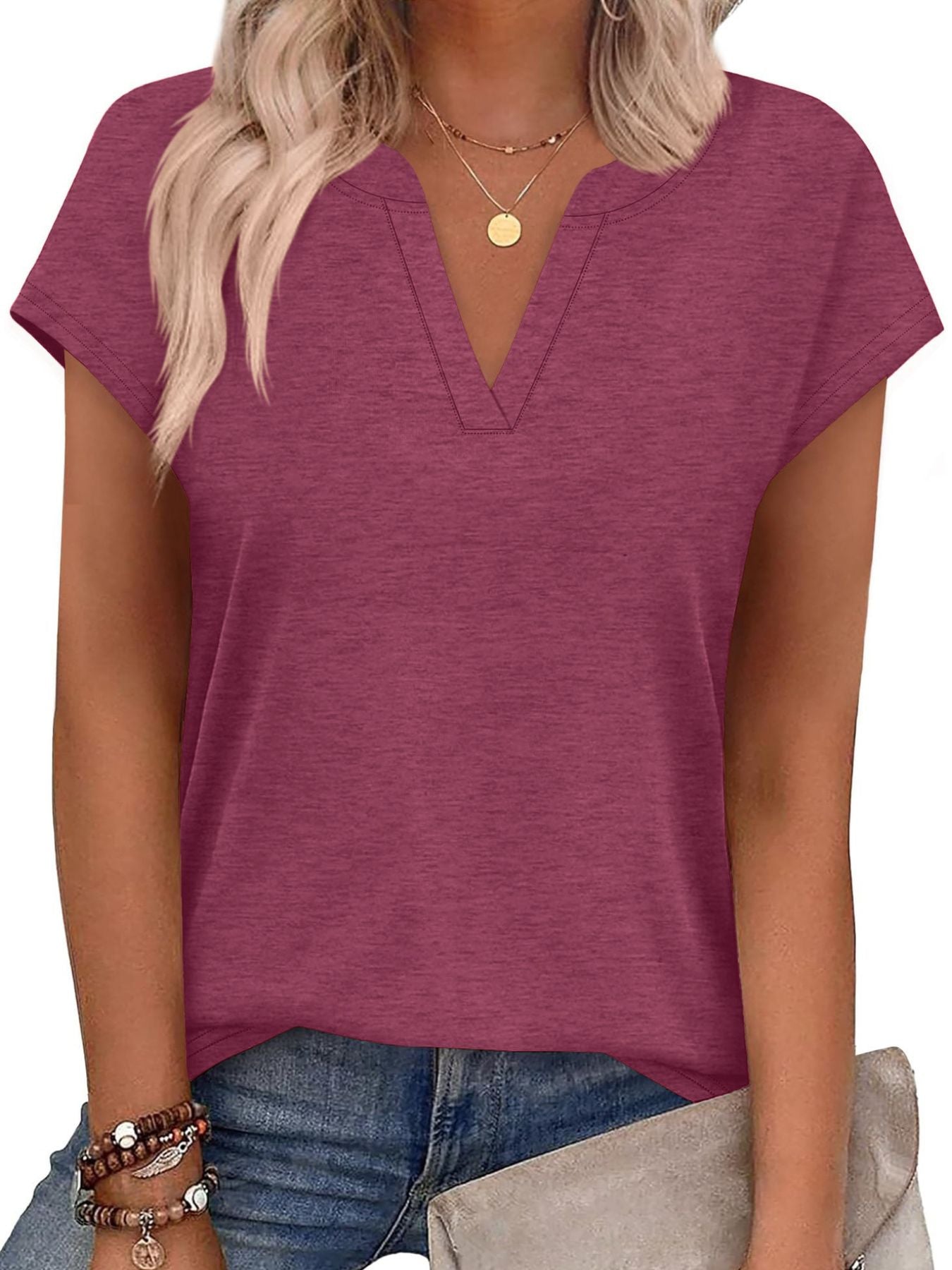 Burgundy heathered short-sleeve t-shirt with notched V-neck and contrast stitching.