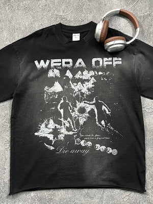 Black graphic tee with distressed "Wera Off" print and abstract figures.