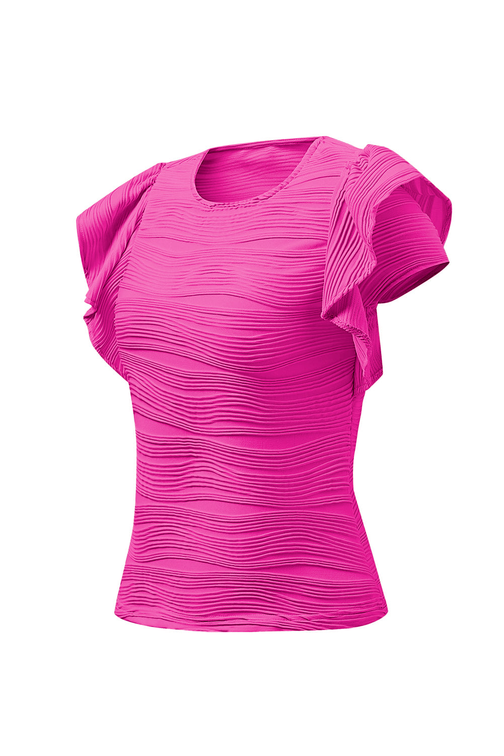Textured ruffle sleeve bodysuit in hot pink with a ribbed texture.