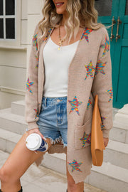 Dust Storm knit cardigan with embroidered starburst pattern, open front, long sleeves, and pockets.