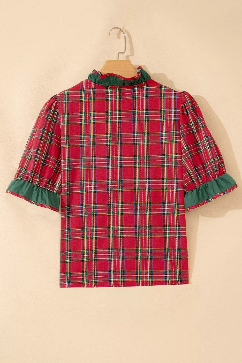 Plaid V Neck Ruffle Color Block Shirt in Rust, fabric detail