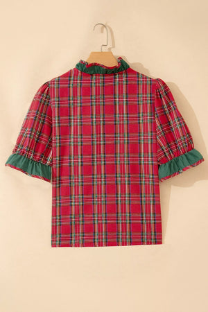 Plaid V Neck Ruffle Color Block Shirt in Rust, fabric detail