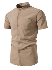 Men's plus-size khaki cotton band collar button-up shirt with short sleeves and chest pocket.