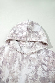 Abstract Print Ribbed Cuffs Long Sleeve Hoodie in Light Gray with pocketed