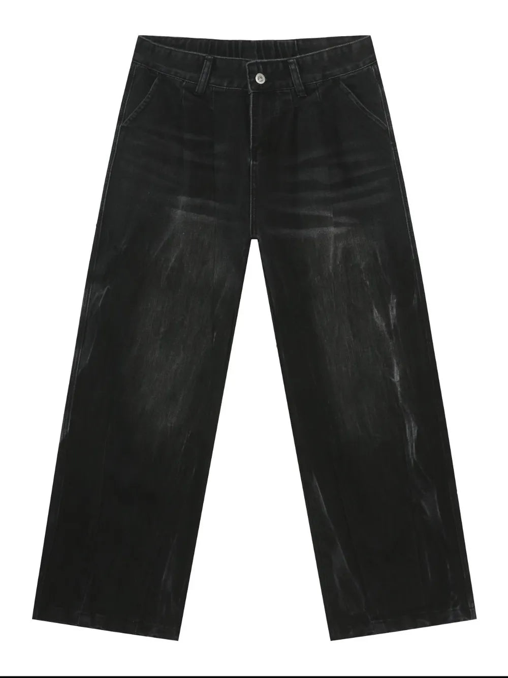 Pleated wide-leg distressed dark wash denim trousers with a casual fit.