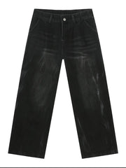 Pleated wide-leg distressed dark wash denim trousers with a casual fit.