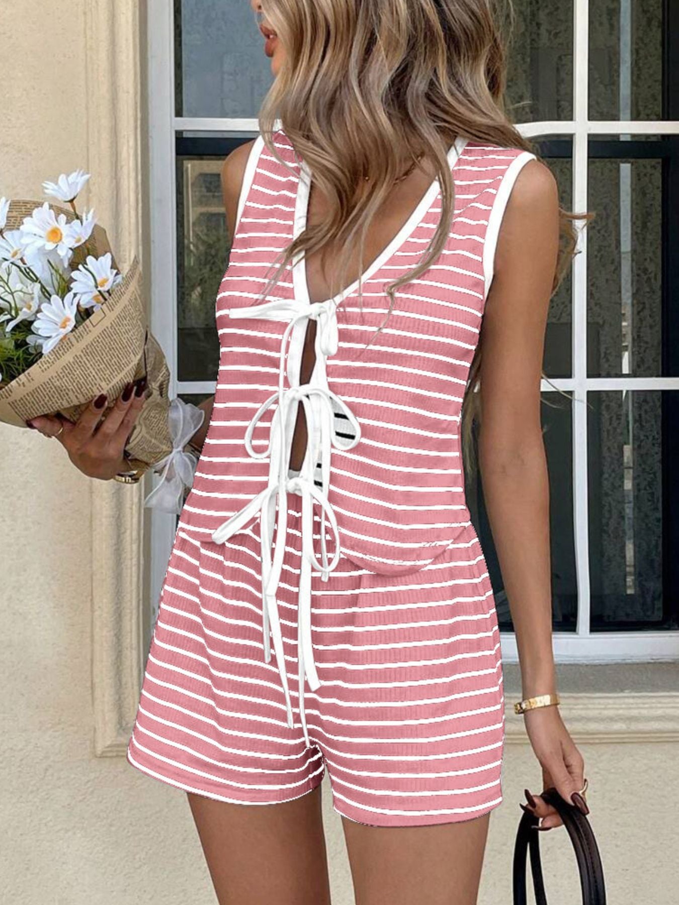 Pink striped knit tie-front top and shorts set with white trim