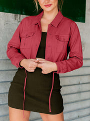 Deep Red cropped utility jacket with drawstring hem, buttoned front and chest pockets.