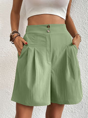 Light Green Pleated Front Bermuda Shorts with two button closure and side pockets.