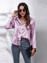 Lilac satin button-down shirt with a relaxed fit and effortless drape.