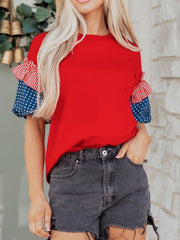 Red maternity t-shirt with ruffled patriotic star and stripe sleeves