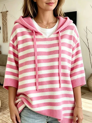 Full Size Drawstring Striped Hooded Sweater in Khaki, back view