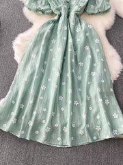 Light green embroidered puff sleeve midi dress with white floral pattern and button detail.