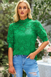 Green lace puff sleeve mock neck blouse with intricate floral pattern