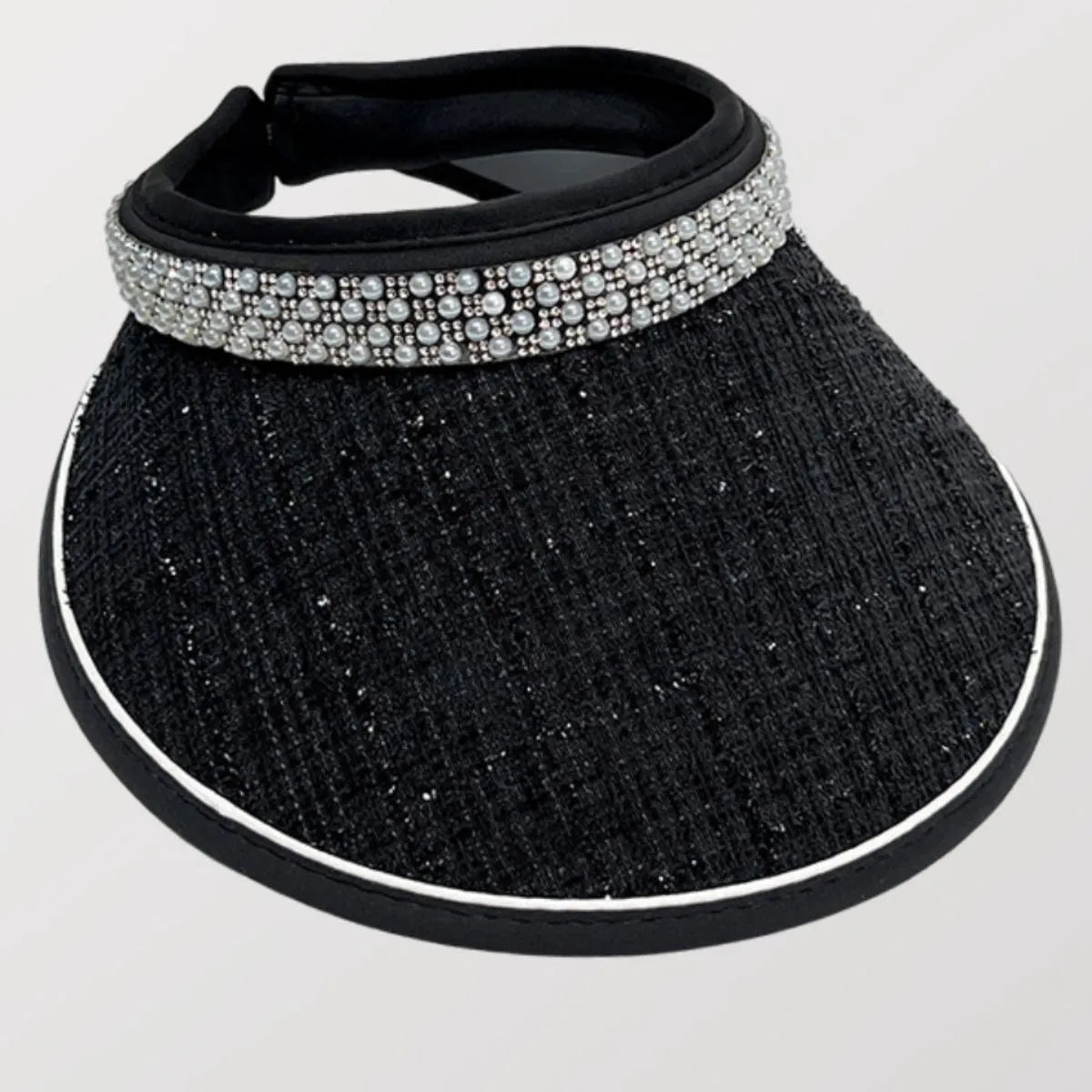 Black tweed visor with pearl and rhinestone embellished band