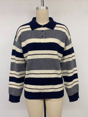Striped Long Sleeve Button Detail Sweater in Dark Blue, editorial view