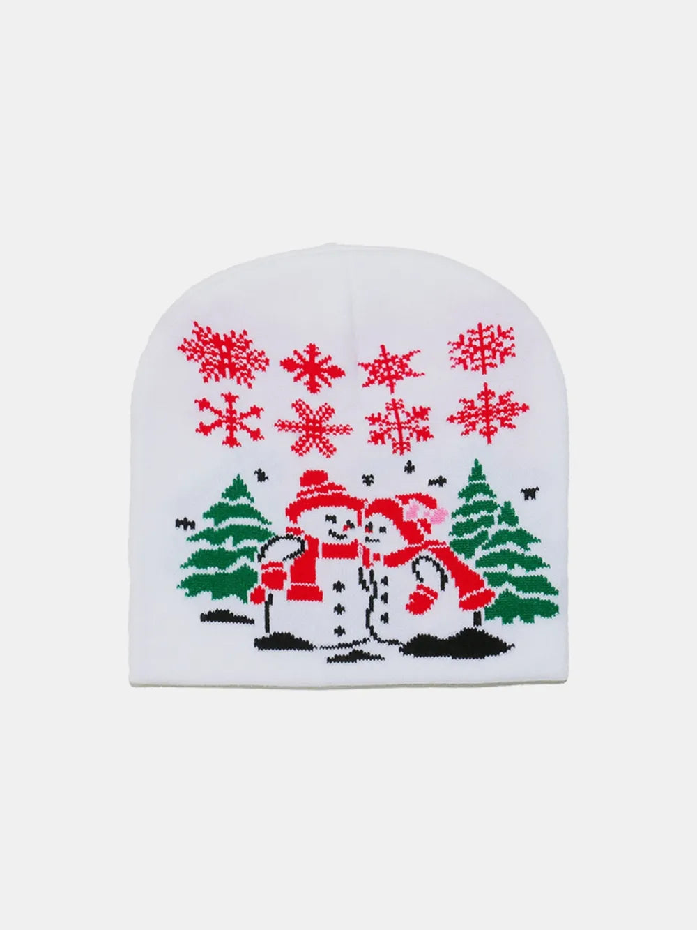 White acrylic beanie with a festive snowman and snowflake pattern.