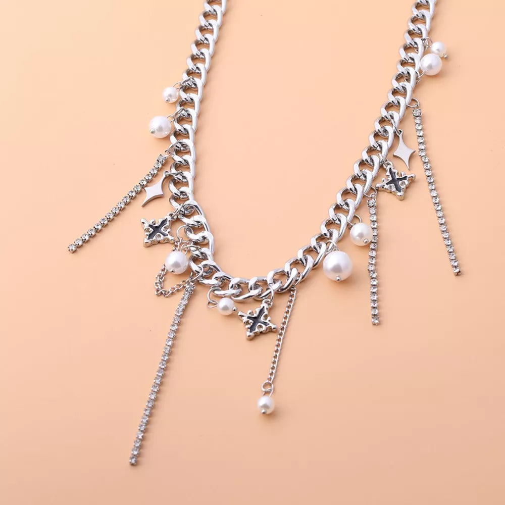 Tassel Star-moon Synthetic Pearl Pendant Choker in Silver, fabric detail