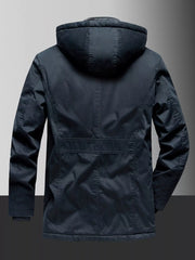 Men's dark blue hooded coat with fleece lining, featuring a back pocket detail.
