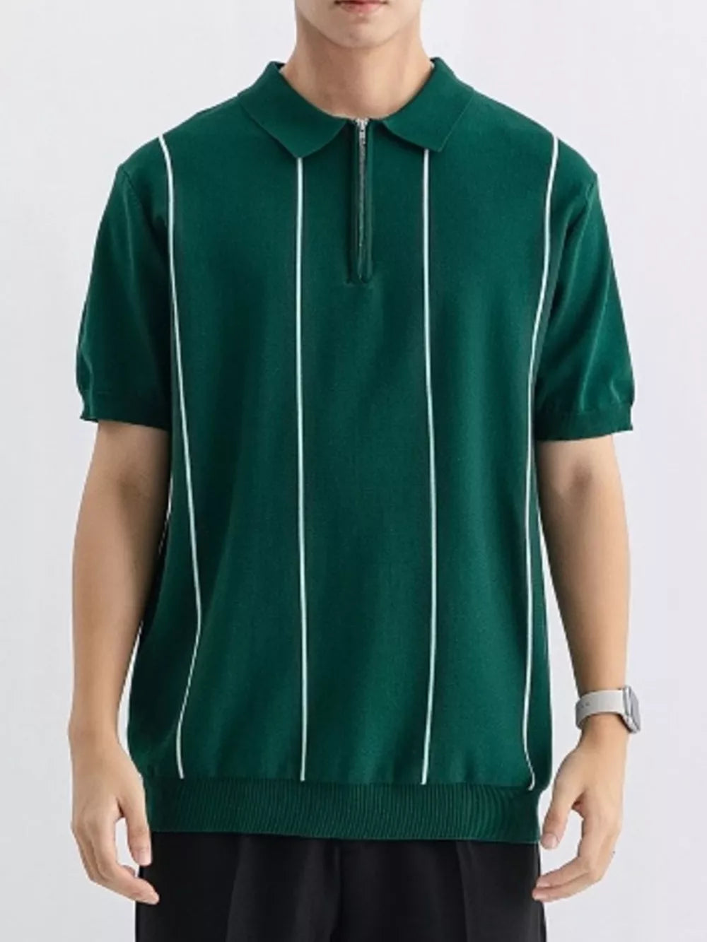 Men's Wood Green knit zip polo with white vertical stripes and ribbed cuffs.