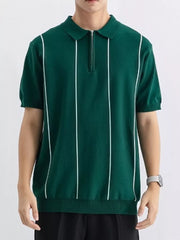 Men's Wood Green knit zip polo with white vertical stripes and ribbed cuffs.