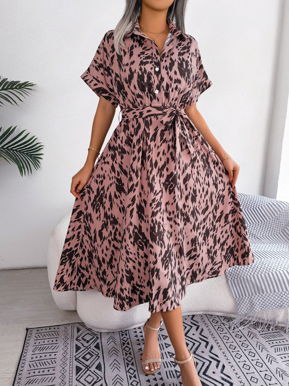 Dalmatian print midi shirt dress in dusty pink with short sleeves and a tie waist.