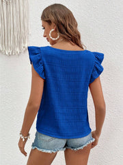 Royal blue textured ruffle sleeve square neck blouse with smocked detail