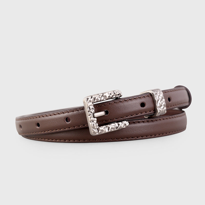 Brown textured cowhide leather belt with silver buckle detail